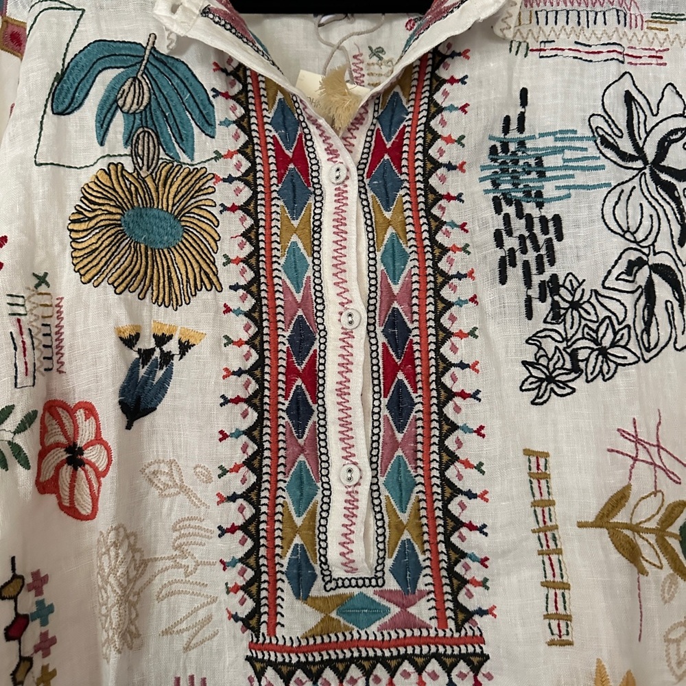 Johnny Was Simmie Embroidered Linen Blouse - Picture 6 of 15